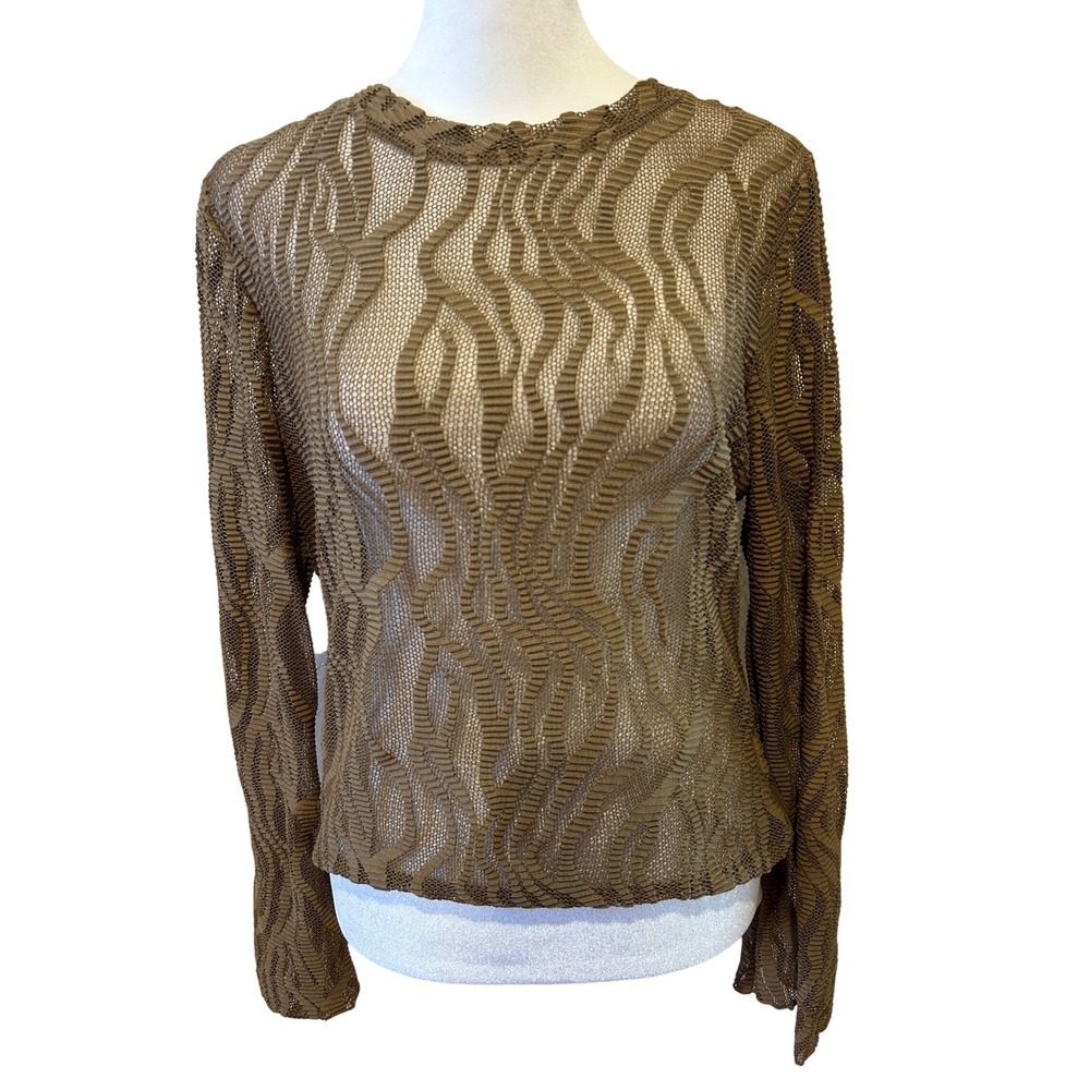 Noisy May Womens Structured Top Size Large Brown Sheer Textured Mesh Long Sleeve